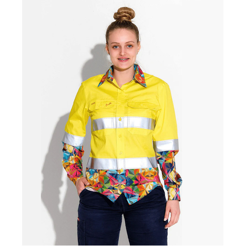 WORKWEAR, SAFETY & CORPORATE CLOTHING SPECIALISTS WOMENS FRACTAL YELLOW HI VIS DAY/ NIGHT FULL PLACKET WORKSHIRT