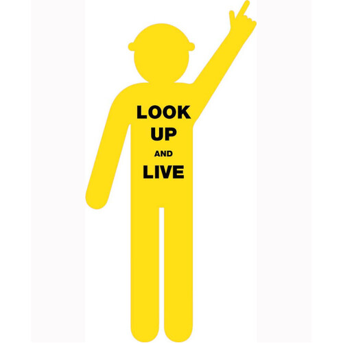 WORKWEAR, SAFETY & CORPORATE CLOTHING SPECIALISTS 1800x900mm - Corflute - Yellow Cut Out Safety Construction Worker  [Arms Up - Finger Pointing] Print